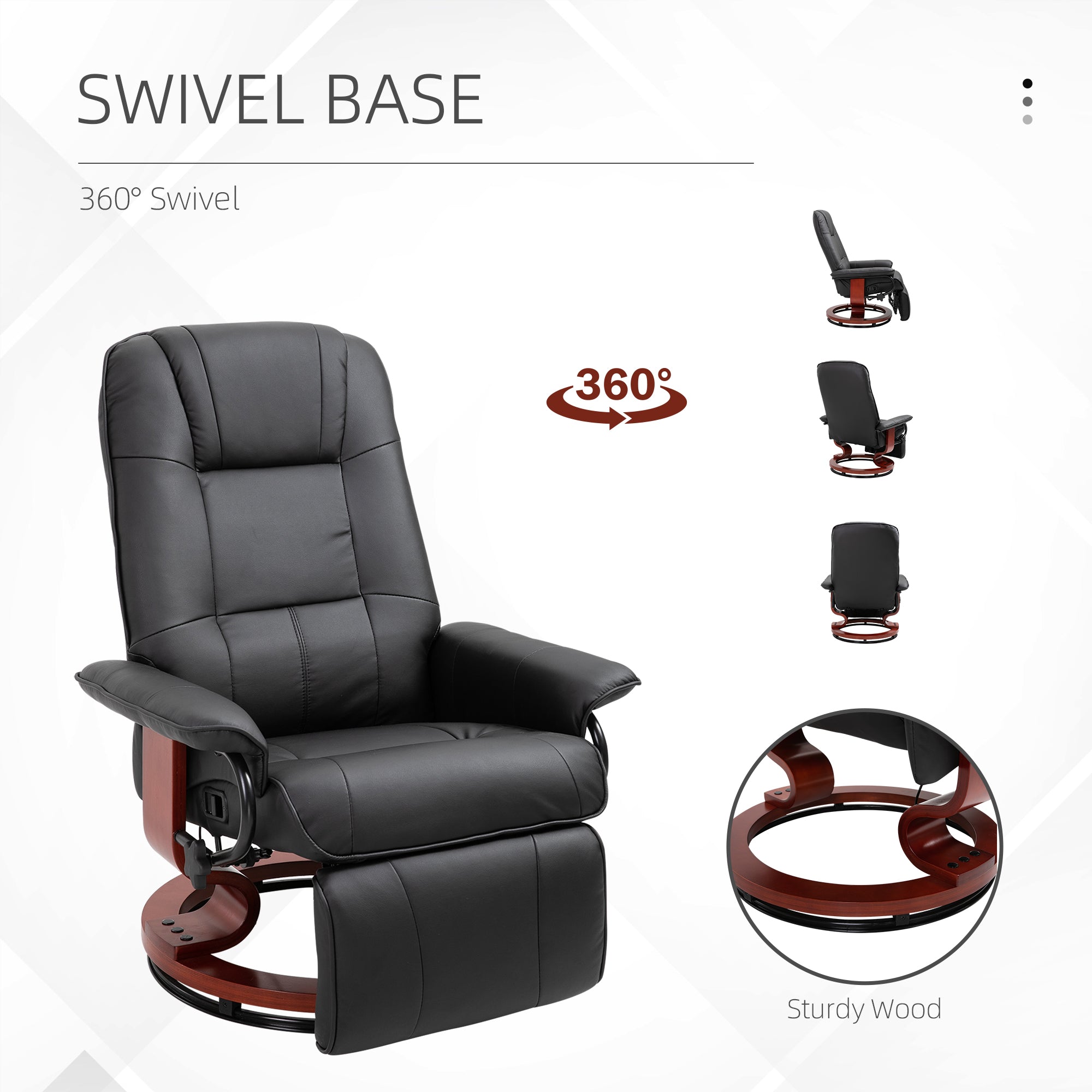 HOMCOM 360° Swivel Recliner Chair with Footstool, Manual Recliner Armchair with Wooden Base, Faux Leather Upholstered Reclining Chair for Living Room, Bedroom, Office, Black